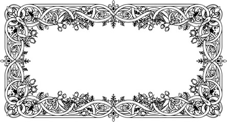 Elegant ornate black and white floral border design with swirling vines and rose buds silhouette and cutout removed background