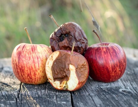 Rotten apples on a wooden surface