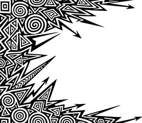 Dynamic abstract black and white tribal arrow patterns burst across white space silhouette and cutout removed background