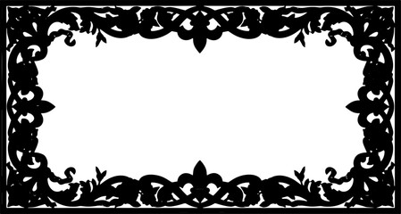 Elegant black baroque floral frame with roses and fleur de lis, perfect for invitations and luxury designs silhouette and cutout removed background