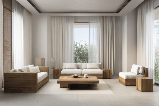 Fototapeta Serene Contemporary Living Room with Minimalist Wooden Furniture and Bright Natural Illumination.