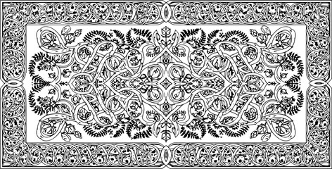 Intricate floral border design with swirling vines and detailed roses, elegant black and white pattern silhouette and cutout removed background