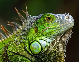 Close-up of vibrant green iguana head