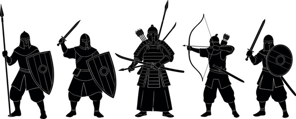Obraz premium Silhouetted ancient warriors with swords, shields, bows, and armor in battle-ready poses for historical combat and medieval character design