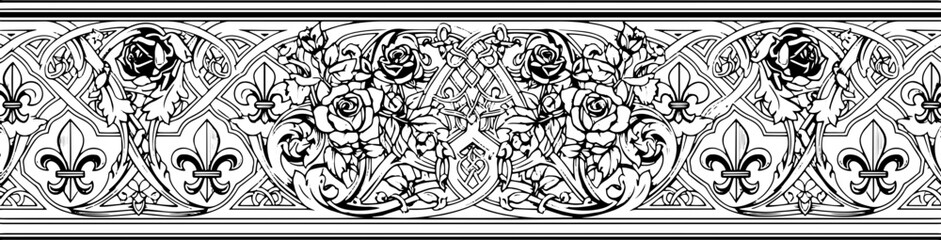 Elegant vintage floral border design featuring roses and fleur-de-lis with intricate scrollwork silhouette and cutout removed background