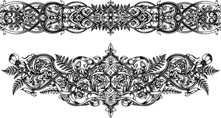 Elegant floral scrollwork and ornate borders elevate designs with timeless vintage charm silhouette and cutout removed background