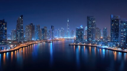 Fototapeta premium Nighttime Dubai Cityscape Panorama with Skyscrapers