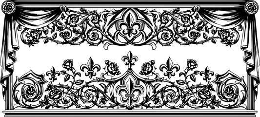 Elegant vintage ornamental frame with roses and fleur de lis adds royal charm to designs silhouette and cutout removed background © Hassan