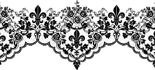 Elegant vintage black lace border with roses and fleur de lis, perfect for luxurious invitations and designs. silhouette and cutout removed background © Spacler