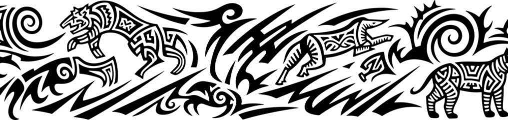 Dynamic tribal animal border designs featuring tigers and wolves in bold black ink patterns silhouette and cutout removed background