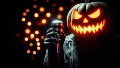 Bold jack-o&rsquo;-lantern head glowing with sinister grin, holding microphone against blurred festive lights. Suited for Halloween designs, apparel, posters, souvenirs, showcasing spooky autumn mood