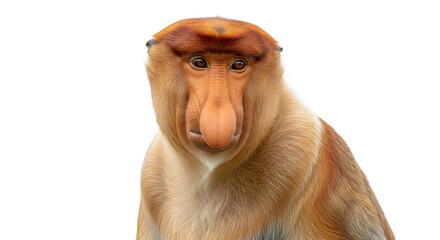 Naklejka premium Proboscis monkey close up portrait against a white background looking at the viewer.