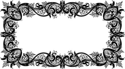 Elegant black and white ornate floral border design for invitations and decorative projects silhouette and cutout removed background