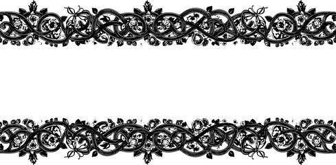 Elegant black and white floral border design with intricate knotwork and roses silhouette and cutout removed background