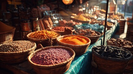 Fototapeta premium Vibrant Spice Market - Baskets Overflowing with Colorful Powders and Seeds in Warm Light.