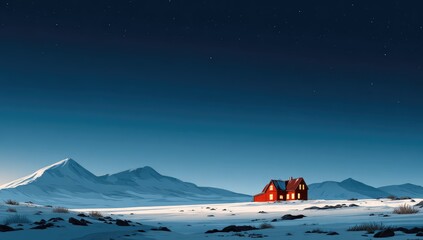 A solitary red house stands illuminated against a backdrop of snow-capped mountains under a star-studded night sky.