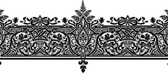 Elegant black and white ornamental border design with floral and ribbon motifs silhouette and cutout removed background