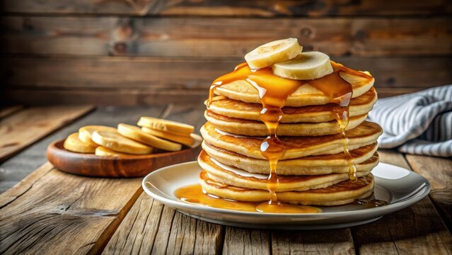 Fluffy stack of golden pancakes with sliced bananas and a drizzle of sweet syrup on a wooden table , kitchen
