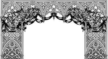 Elegant vintage ornate floral frame with draped fabric, perfect for invitations and decorative designs silhouette and cutout removed background