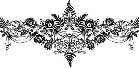 Elegant black and white floral border with roses, ferns, and ornate scrollwork for timeless design silhouette and cutout removed background © ArtBy