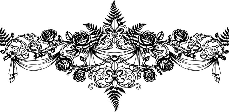 Elegant black and white floral border with roses, ferns, and ornate scrollwork for timeless design silhouette and cutout removed background