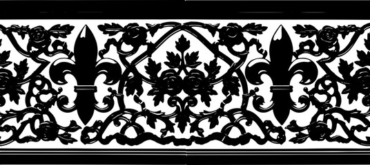 Elegant black ornate scrollwork featuring fleur-de-lis and roses on white background silhouette and cutout removed background