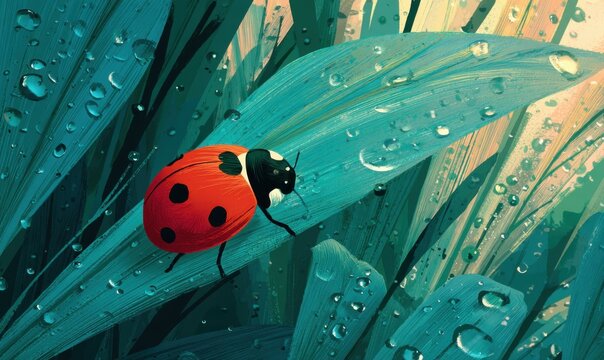 Ladybug on a dewy leaf amongst vibrant grass