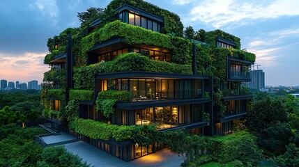 Modern green building covered in plants at dusk, showcasing sustainable urban architecture