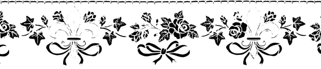 Elegant floral lace trim with fleur de lis and rose designs adds classic charm to decor projects. silhouette and cutout removed background © Spacler
