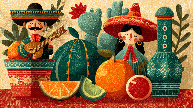Mexican themed still life with fruits and decorations