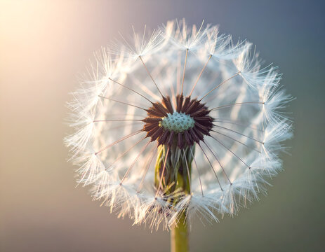A close-up, macro shot of a fluffy, white dandelion seed head (a "dandelion clock"). A concept for wishes, nature, and fragility. Generative AI - Powered by Adobe