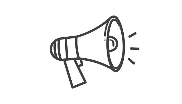 A minimalistic, black outline illustration of a megaphone, emitting sound waves. It's isolated on a stark white backdrop, emphasizing simplicity and design