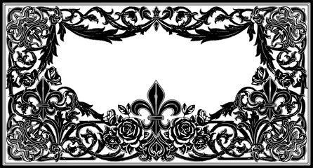 Elegant black and white floral flourish with fleur de lis and roses, perfect for invitations and borders. silhouette and cutout removed background