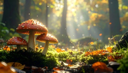 Autumn forest mushrooms bathed in sunlight