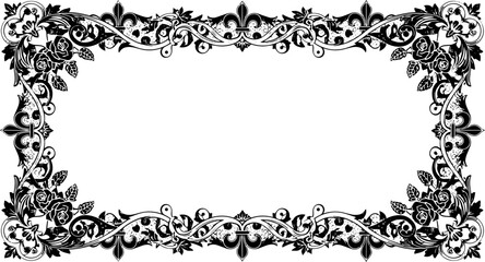 Elegant vintage ornamental frame with roses and fleur de lis for decorative design projects silhouette and cutout removed background