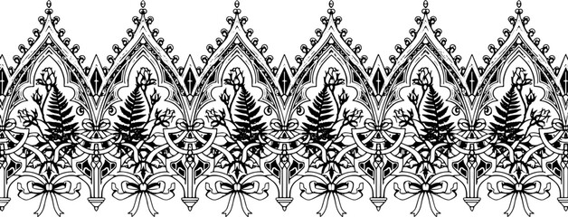 Elegant gothic border design with delicate roses and ferns, perfect for invitations and decor silhouette and cutout removed background