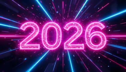 Futuristic Neon 2026 Typography with Laser Beams and Cyberpunk Vibes