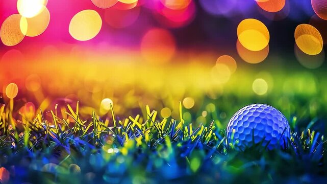 Vibrant golf ball nestled in grass with bokeh lights. Colorful and playful.