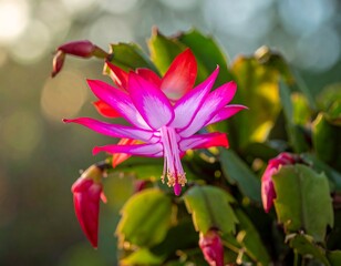 Fototapeta premium Close-up of vibrant pink and white Christmas cactus flower