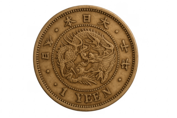 Antique japanese 1 yen dragon coin transparent background