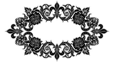 Elegant black ornate floral border with roses and fleur de lis, perfect for vintage design projects © ArtBy