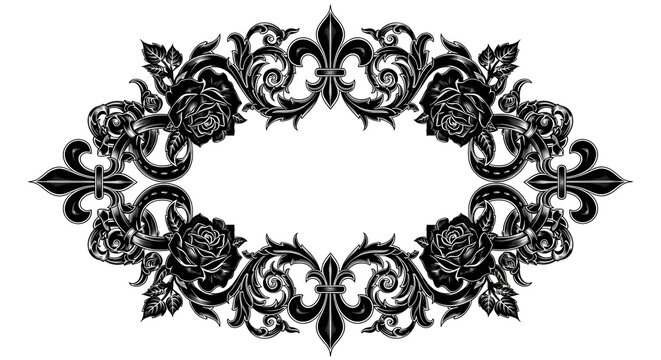 Elegant black ornate floral border with roses and fleur de lis, perfect for vintage design projects