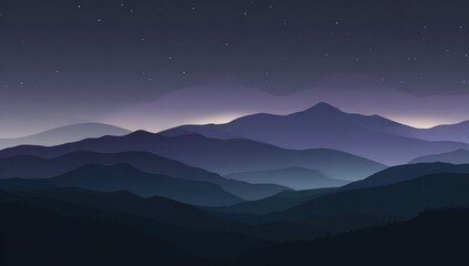 A serene night view displays a range of softly-shaded mountains under a starry sky.