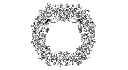 Elegant floral wreath with ribbon flourish perfect for vintage invitations and decorative designs
