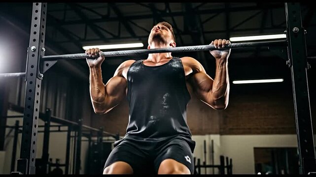 Man strength training barbell pull up fitness workout