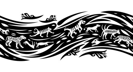 Dynamic tribal pattern featuring stylized wild animals in black and white motion