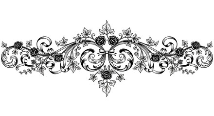 Elegant black and white floral scrollwork with roses and ivy, perfect for vintage designs