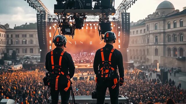 Stage crew overlooking a concert crowd, bathed in warm stage lights. Energetic.
