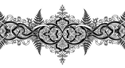 Elegant black and white ornamental border with swirling ribbons, roses, and ferns, perfect for...