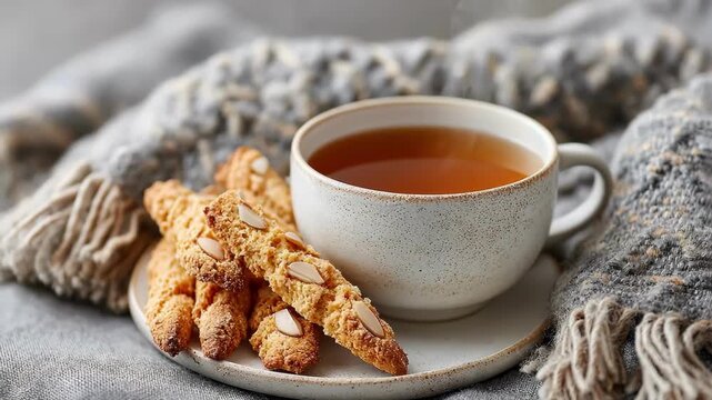 Cozy tea time with biscotti and a warm blanket. Comfort and relaxation.